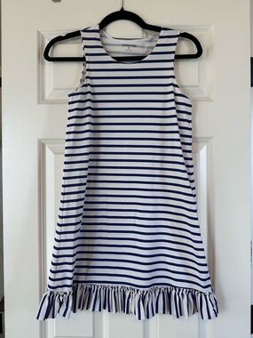 Lands' End Girls White & Navy Striped Sleeveless Ruffle-Hem Swim cover Sz M